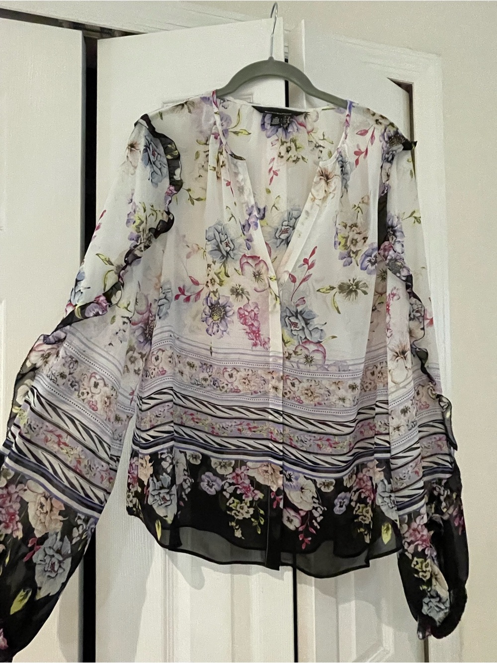 White House Black Market Sheer Floral Blouse in White, Black, Purple
